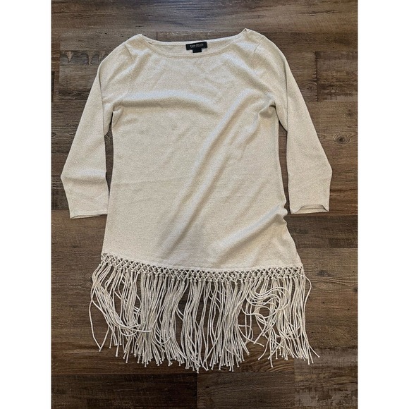 White House Black Market Sweaters - White House Black Market Fringe Top Womens Small Gold Shimmer Asymmetrical Hem